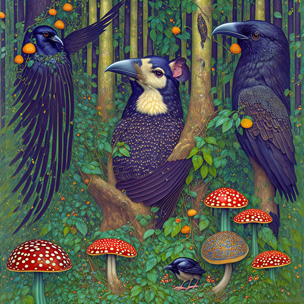 Colorful bird illustrations with flora, mushrooms, beetle, and fruits in lush green setting.