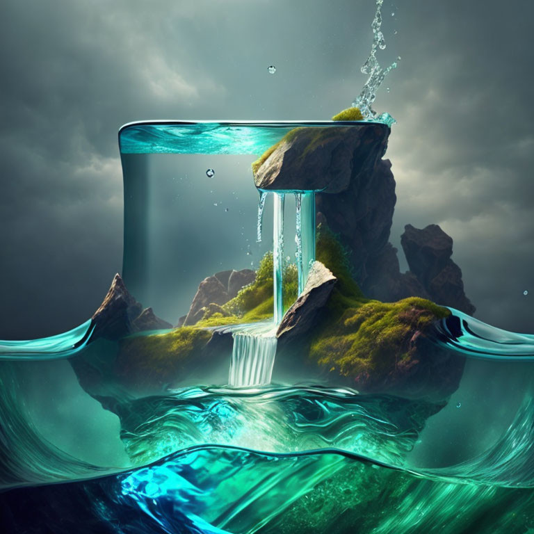 Surreal floating island with waterfall in giant glass under stormy sky