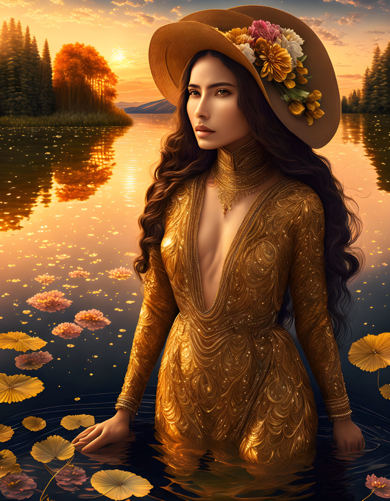 Woman in Golden Dress by Lake at Sunset