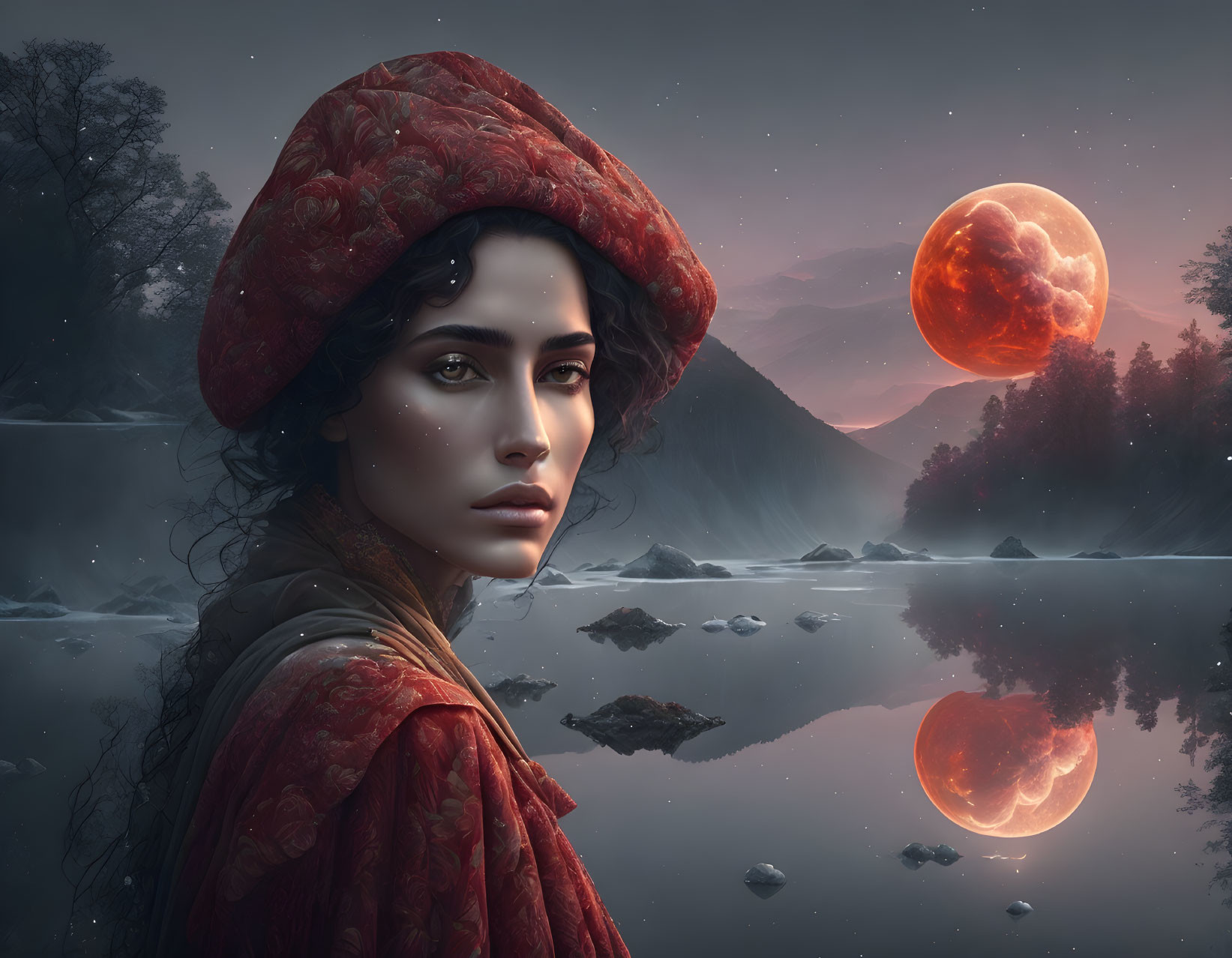 Dark-haired woman in red headwrap pensive by double moonlit water landscape