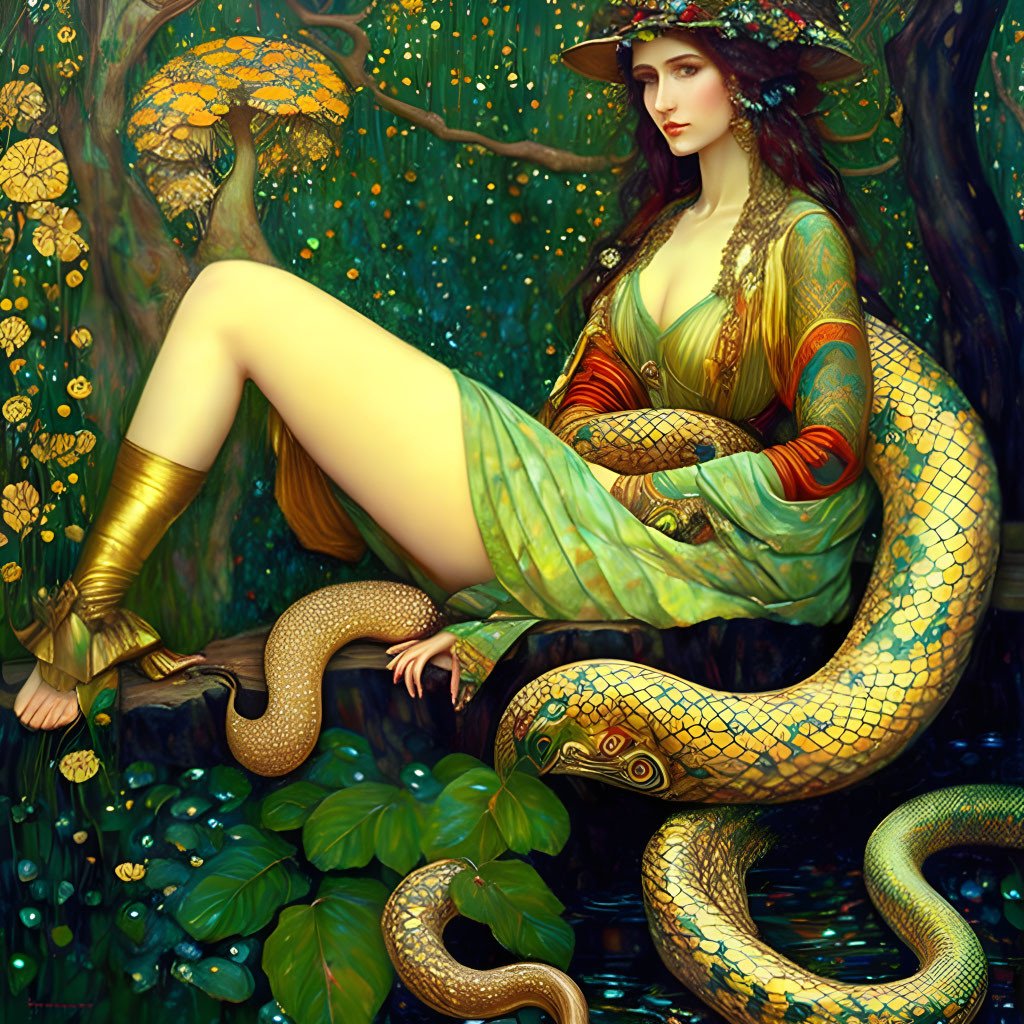 Red-haired woman with snake in colorful, plant-filled setting