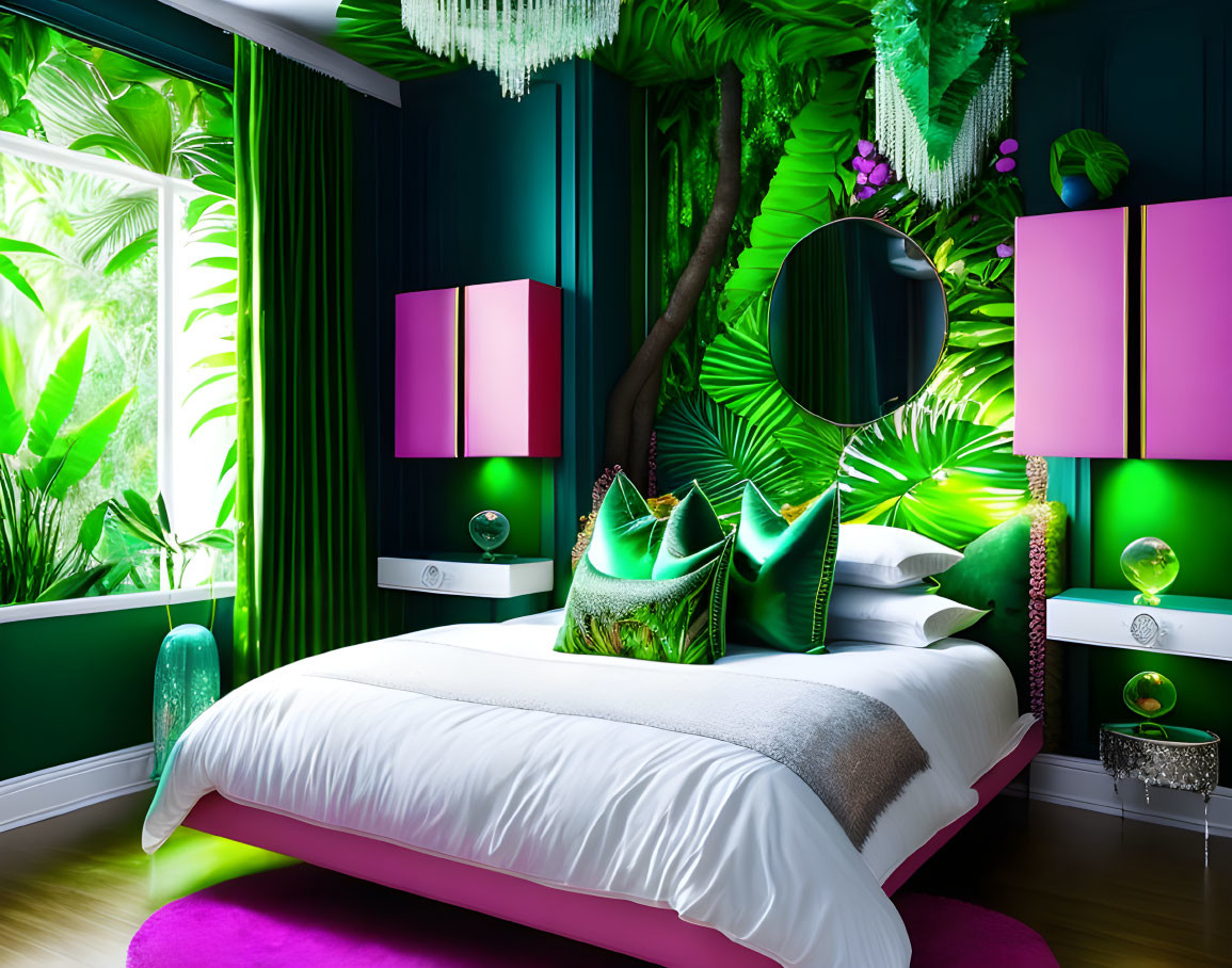 Tropical-themed bedroom with green jungle wallpaper and pink/green furniture.