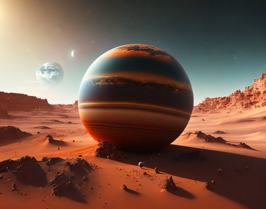 Surreal desert landscape with ringed planet and stars