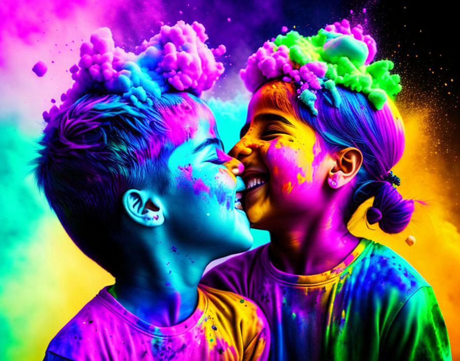 Children celebrating Holi festival covered in vibrant colored powder