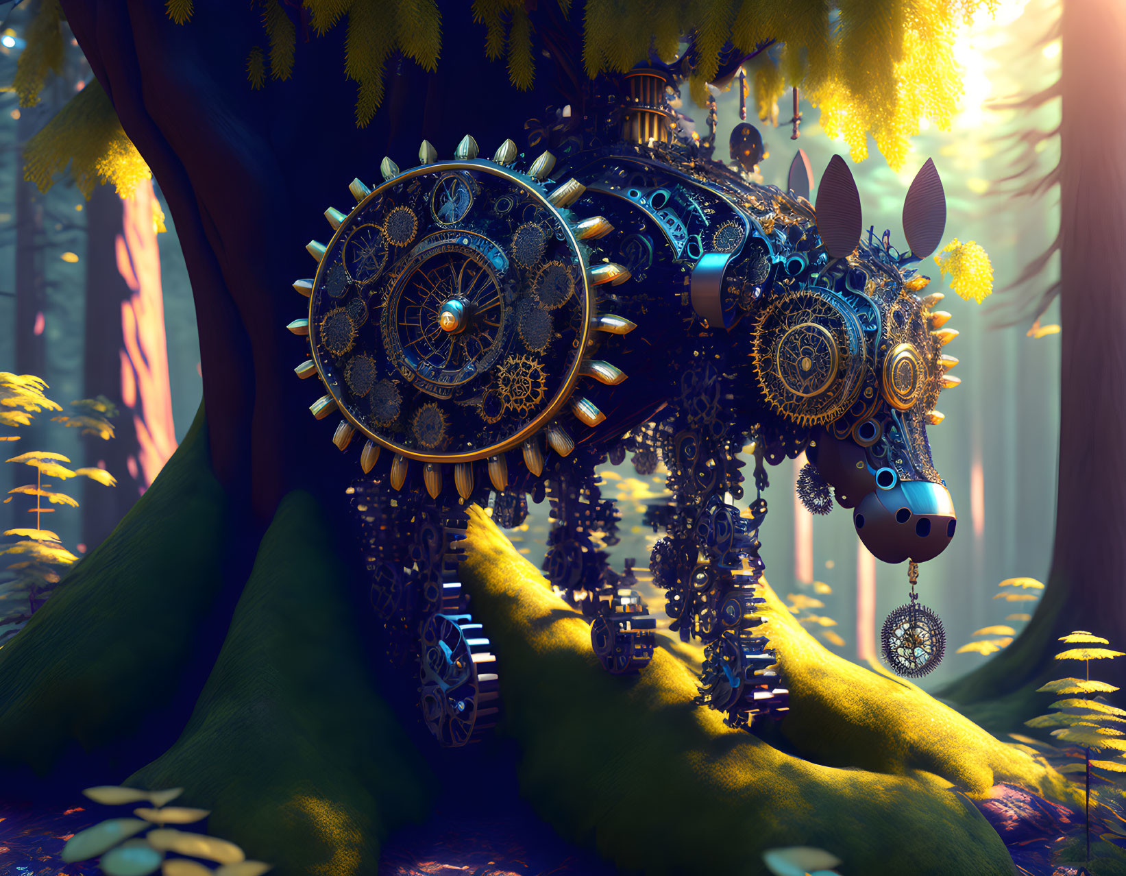 Mechanical horse sculpture with gears in vibrant forest