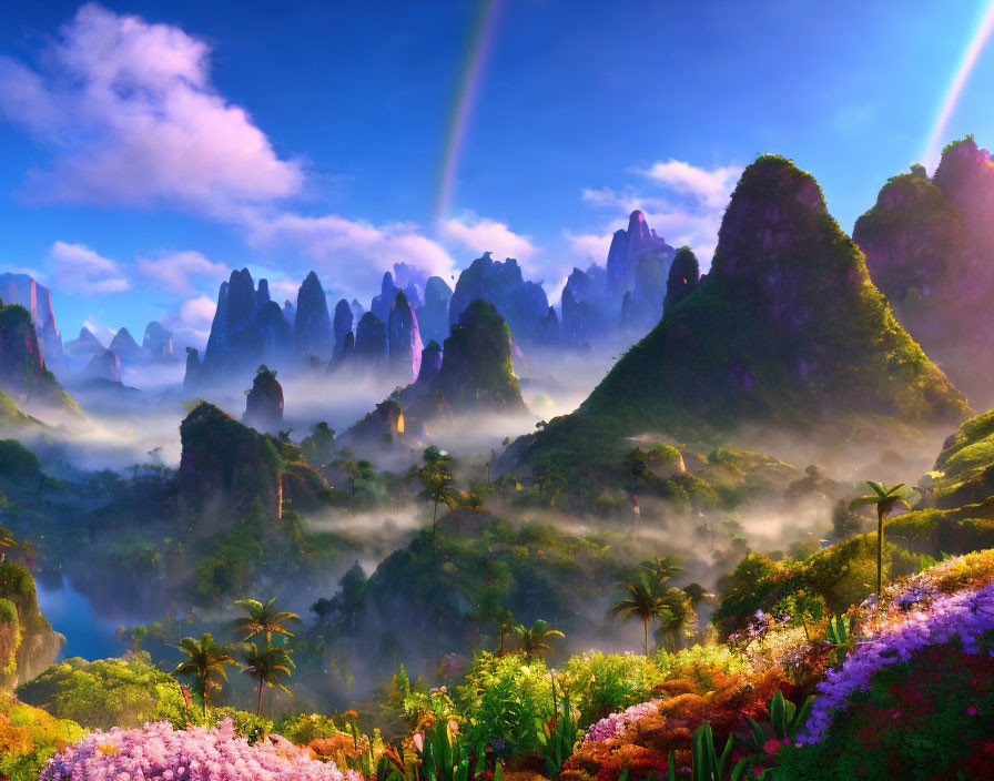 Scenic landscape with misty mountains, lush greenery, and rainbow