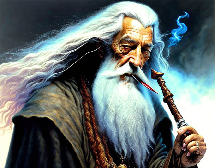 Elderly Wizard Illustration with Long White Beard and Pipe