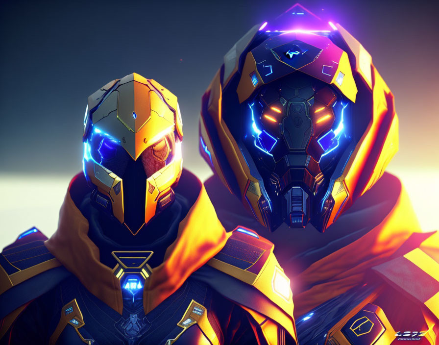 Futuristic armored figures with neon lights in soft-lit setting