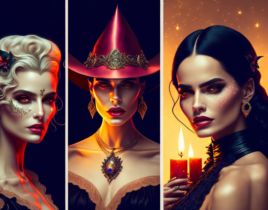 Three stylized portraits of women with dramatic makeup and fantasy elements featuring flowers, witch hat, candles,