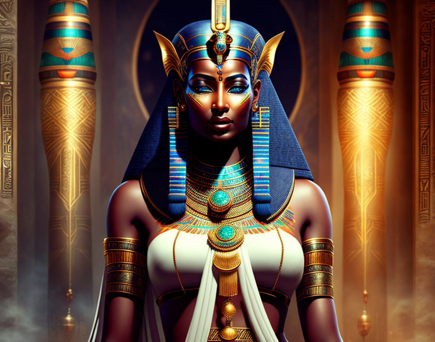 Egyptian Queen Illustration with Traditional Headdress, Jewelry, and Makeup Against Ancient Temple Backdrop