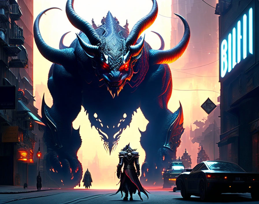 Horned dragon confronts warrior in neon-lit city scene