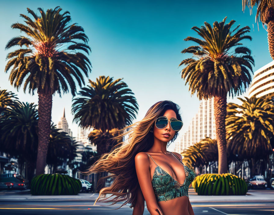 Woman with sunglasses and long hair on sunlit street with palm trees