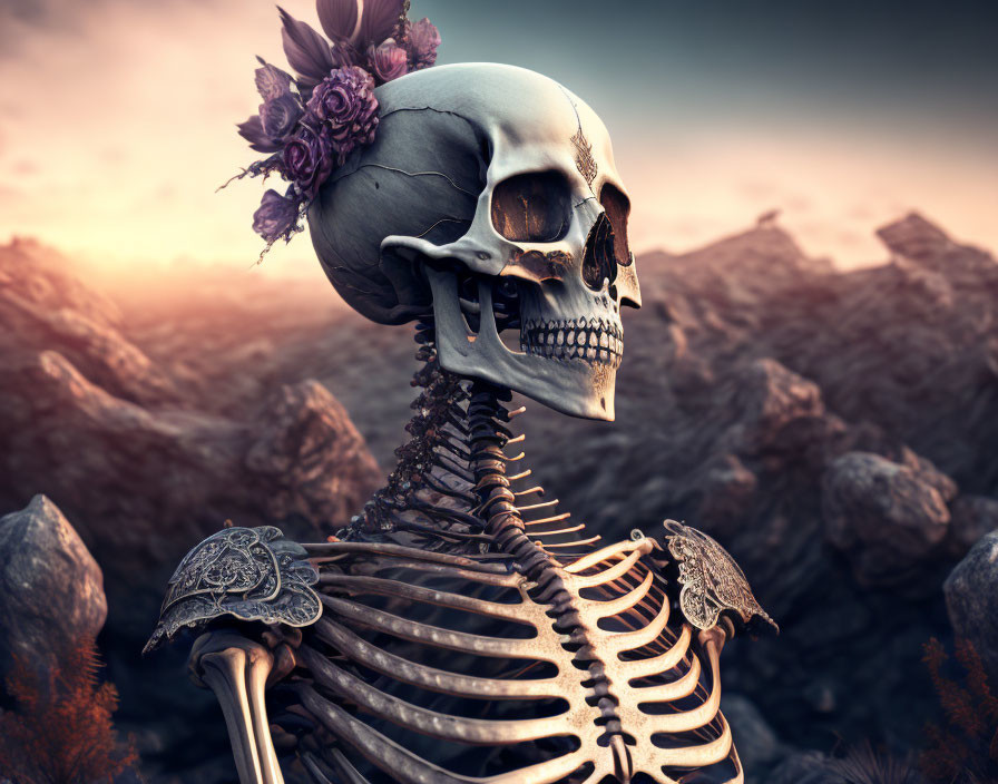 Skull with Flower Crown on Decorative Torso in Rocky Landscape