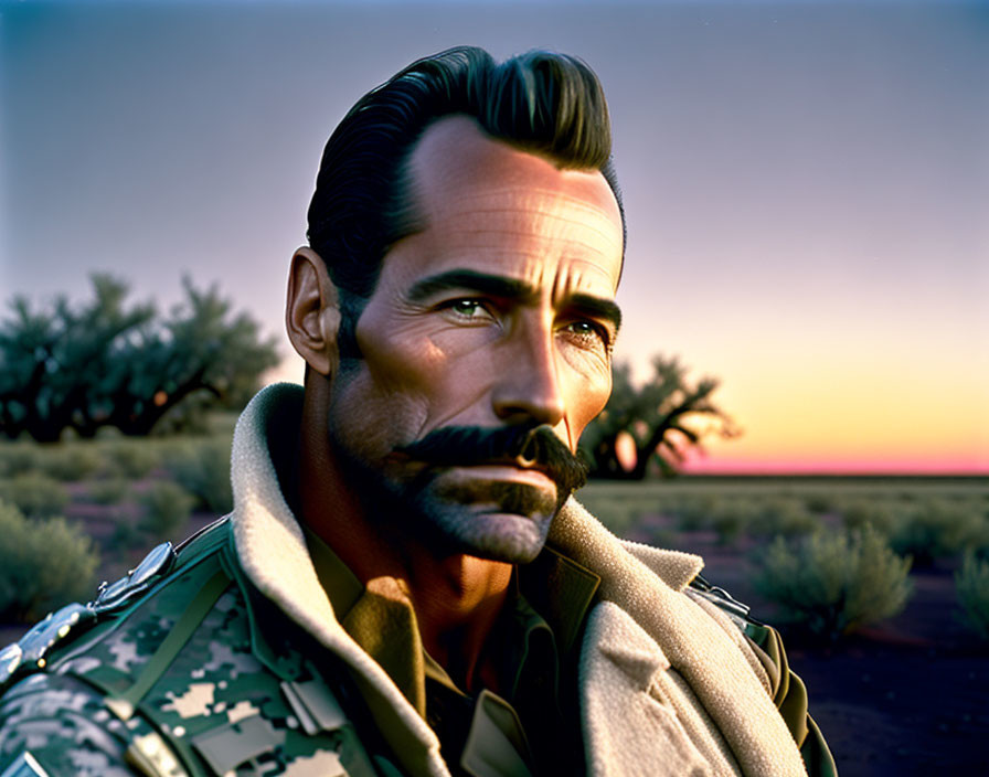 Man with Mustache and Military Attire in Desert Sunset