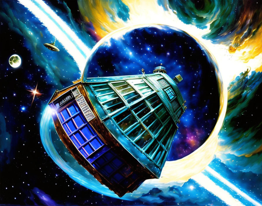 Colorful Sci-Fi Scene: Blue Police Box Spaceship in Psychedelic Cosmos