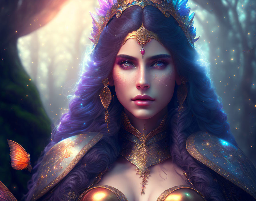 Ethereal woman with blue eyes and purple hair in regal attire amidst mystical forest.