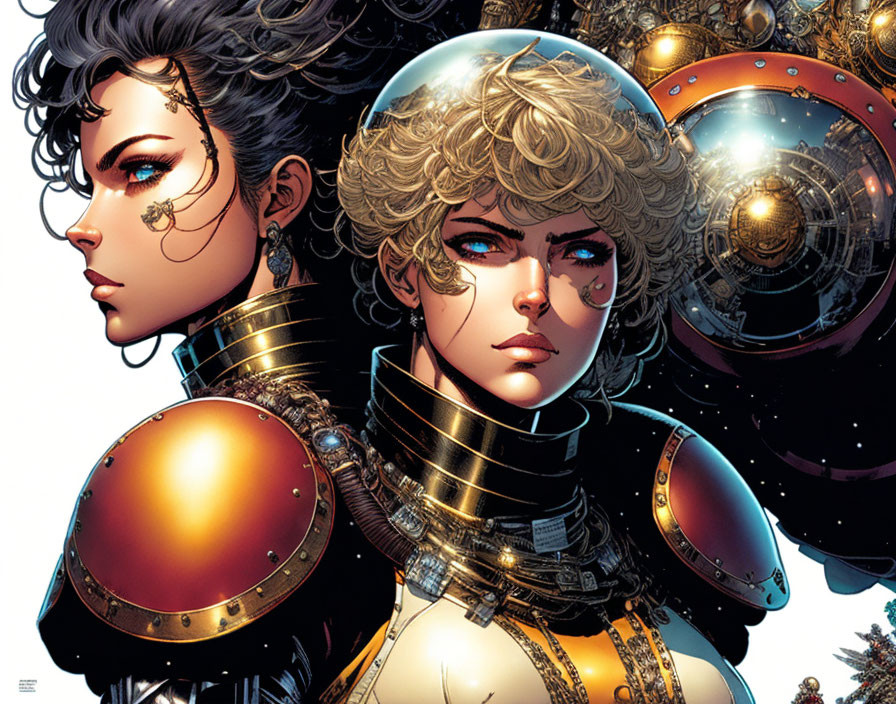 Illustrated futuristic armor on two female characters with intricate hairstyles against mechanical background