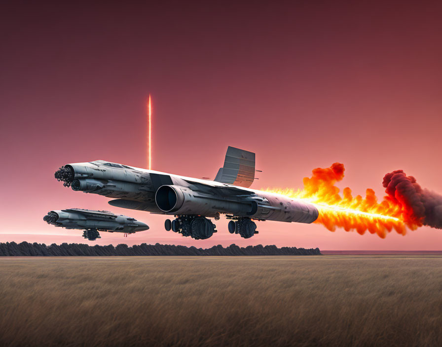 Three futuristic aircraft flying low over a field with one firing a red beam weapon, creating a large fire