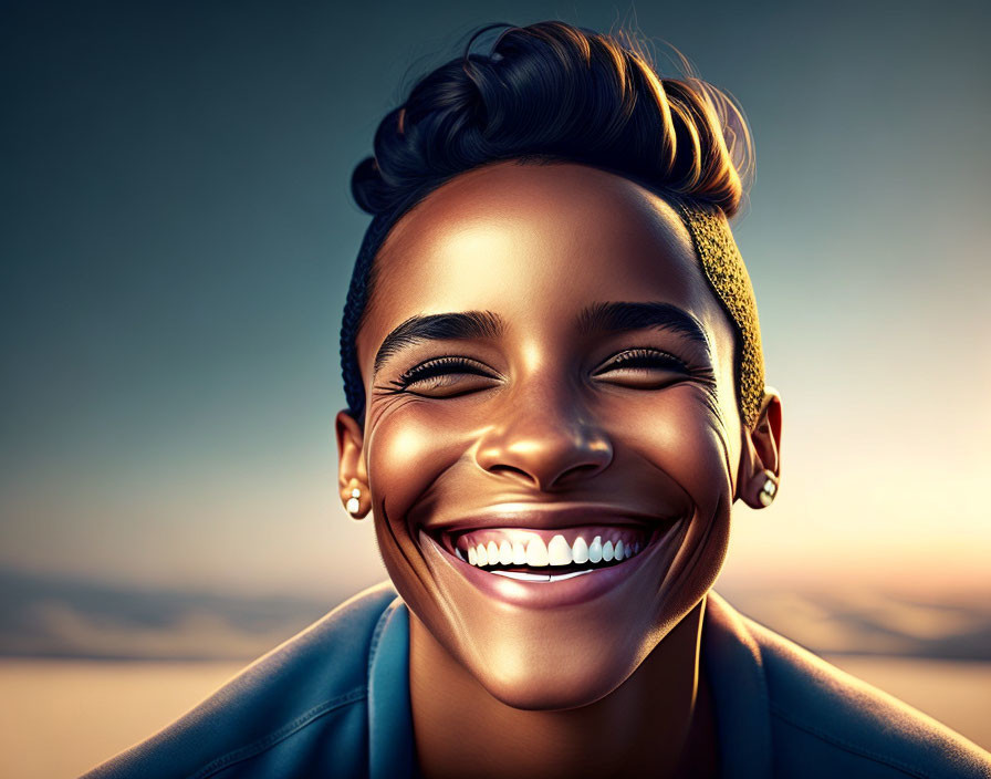 Digital portrait of a person with a bright smile, short hair, and earrings on gradient backdrop