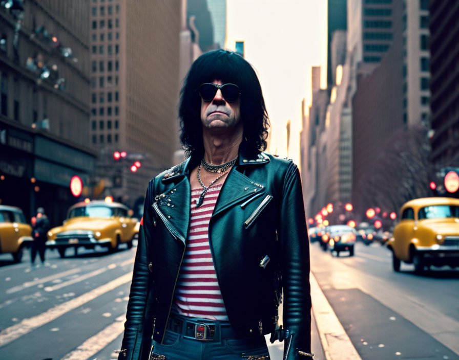 Confident person in sunglasses and leather jacket on city street with yellow cabs and tall buildings.