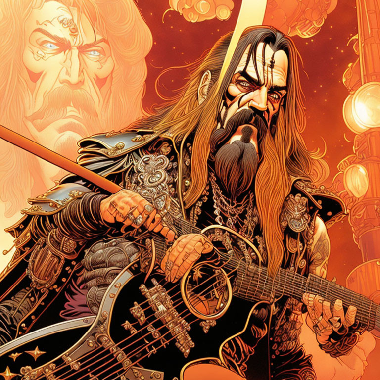 Detailed Illustration: Fierce warrior with guitar, mythical figure, fiery background