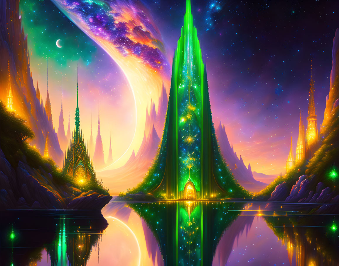 Fantasy landscape with luminous tree structures by a reflective lake