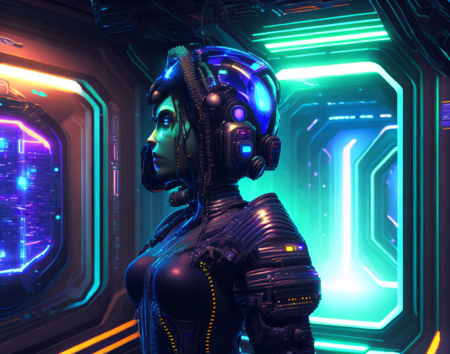 Futuristic female cyborg in intricate headgear in neon-lit corridor