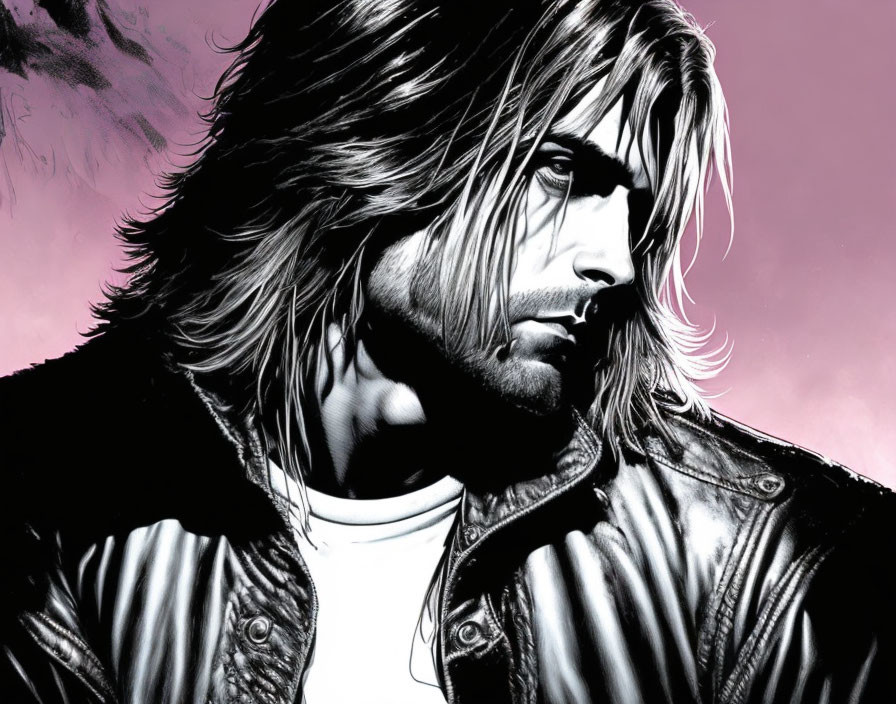 Monochrome illustration of man in leather jacket on pink backdrop