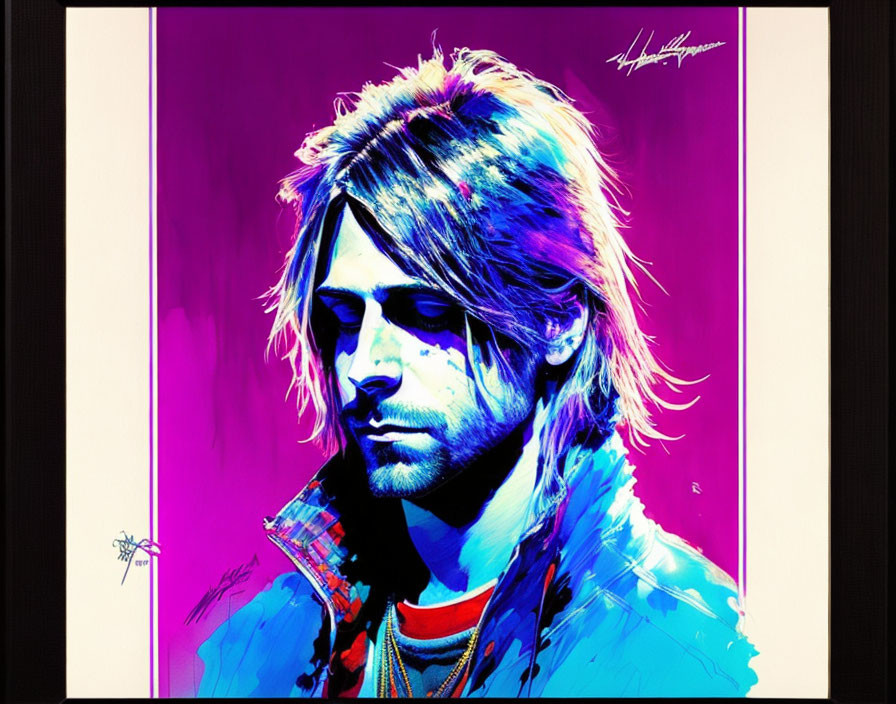 Vibrant portrait of a man with purple and blue hair in modern pop art style