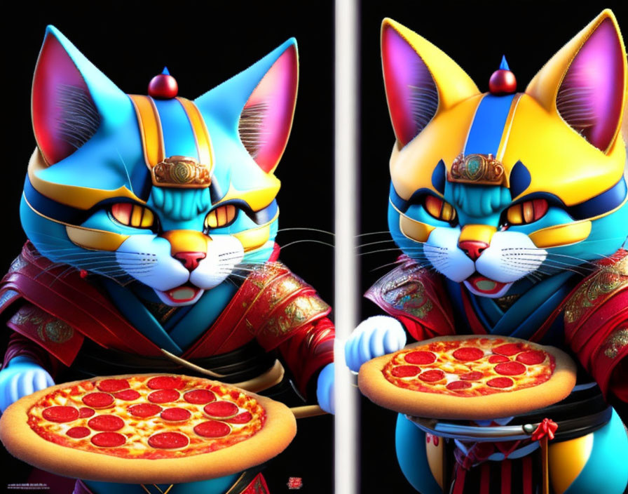 Anthropomorphic cats in samurai armor holding pizza on black background