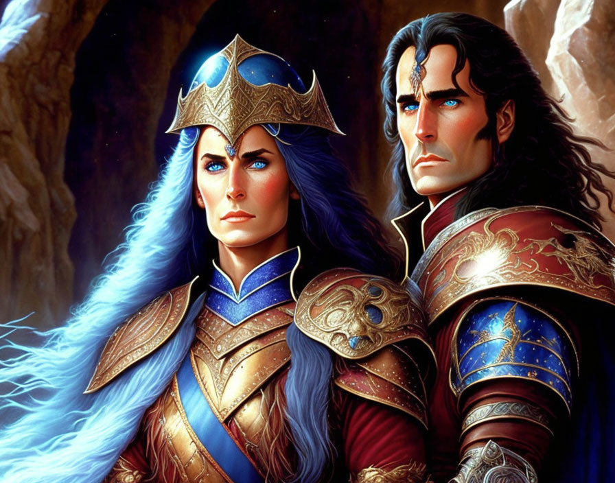 Fantasy characters in ornate armor: one with blue hair and a crown, the other with long