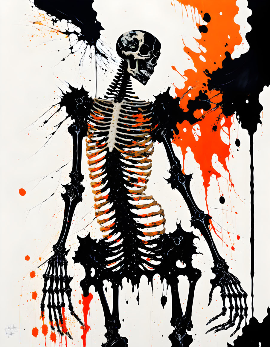 Human skeleton artwork with black and orange splatters depicting motion and decay