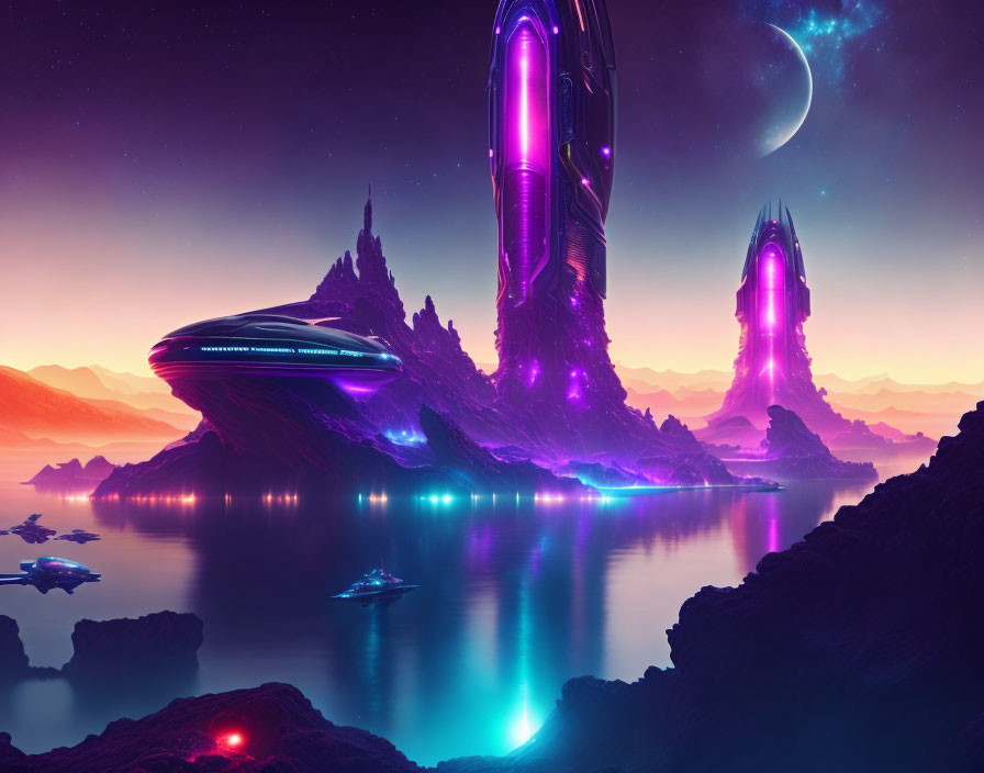 Alien landscape at dusk: luminescent towers, spaceships, starry sky.