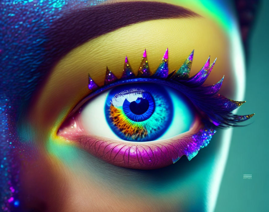 Vibrantly colored eye with blue iris, purple lashes, and rainbow eyeshadow