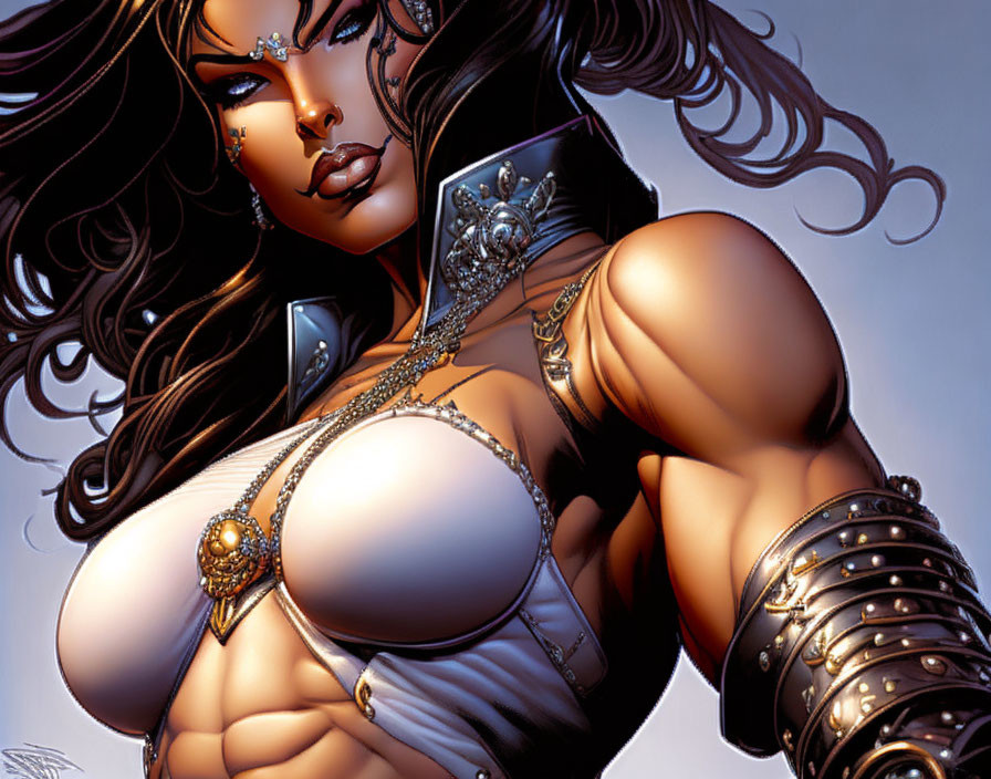 Illustrated female character with long curly hair and metallic armor.