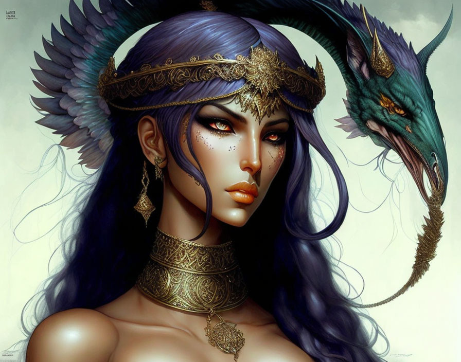 Fantasy art: Woman with blue hair, dragon companion