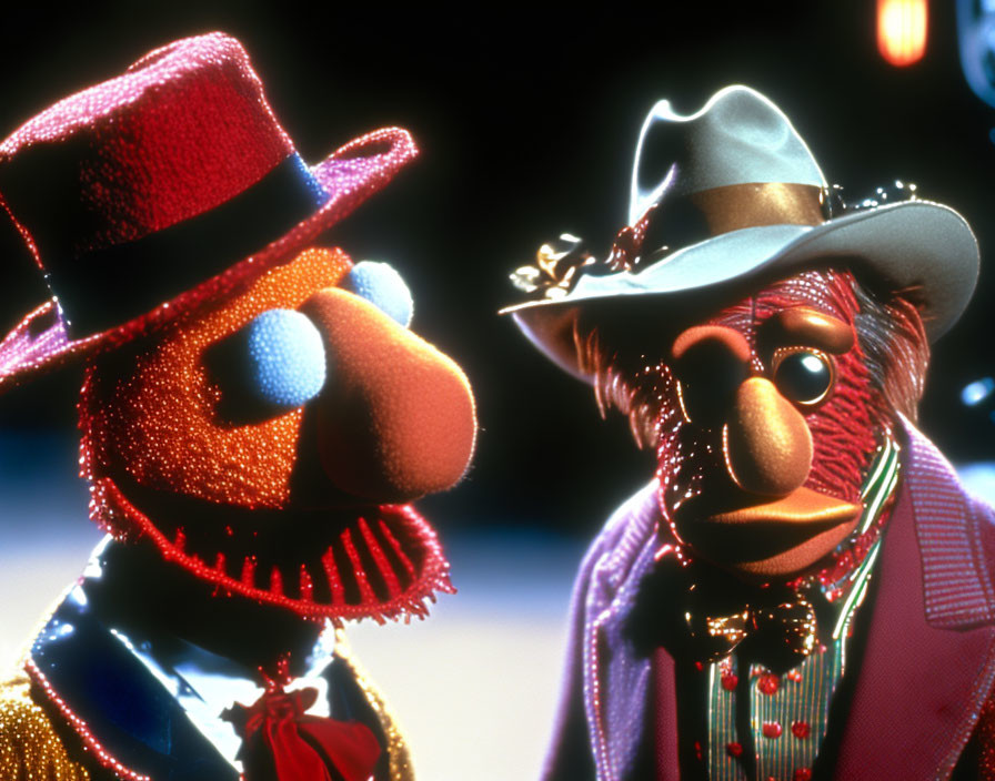 Muppet characters in patriotic and cowboy costumes converse