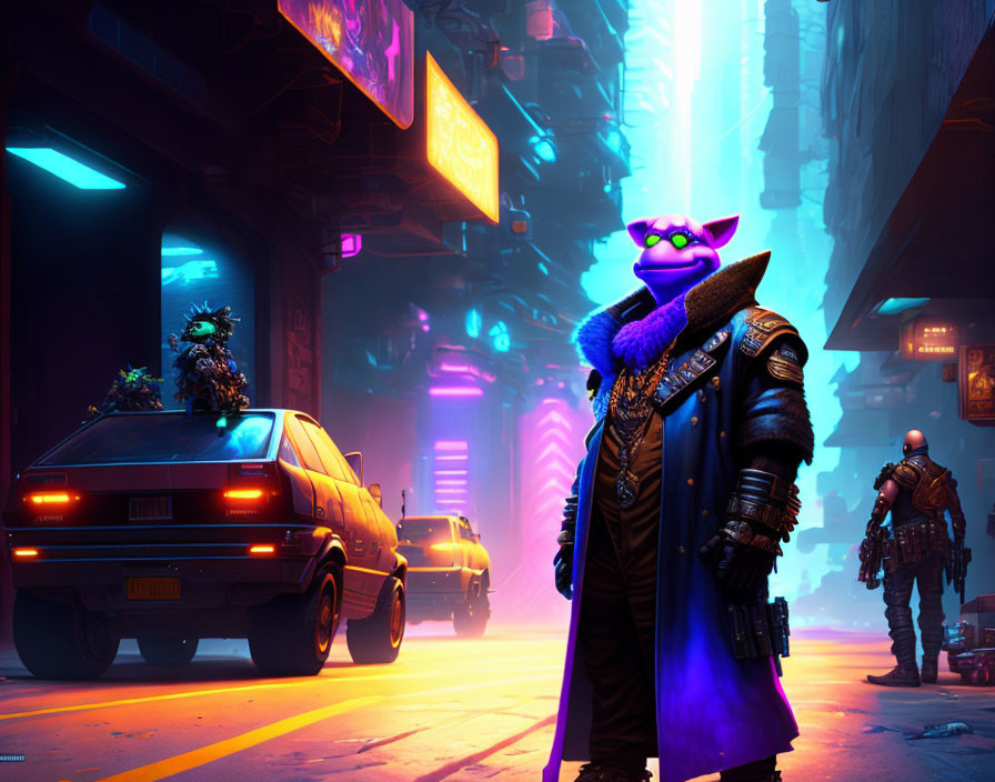 Anthropomorphic cat in trench coat in futuristic cityscape