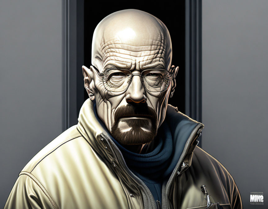 Bald Man with Glasses, Mustache, Goatee, Jacket, and Turtleneck Portrait