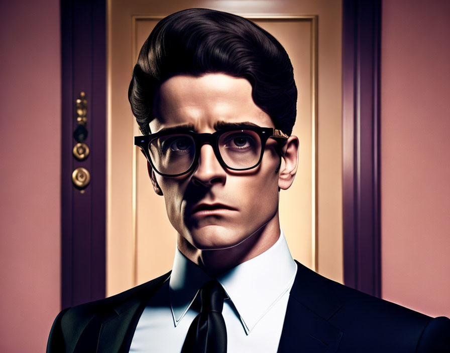 Stylized digital portrait of man in glasses, retro haircut, dark suit, and tie against pink