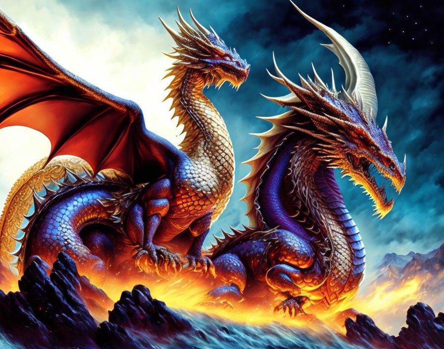 Two majestic dragons under dramatic sky with golden and blue scales.