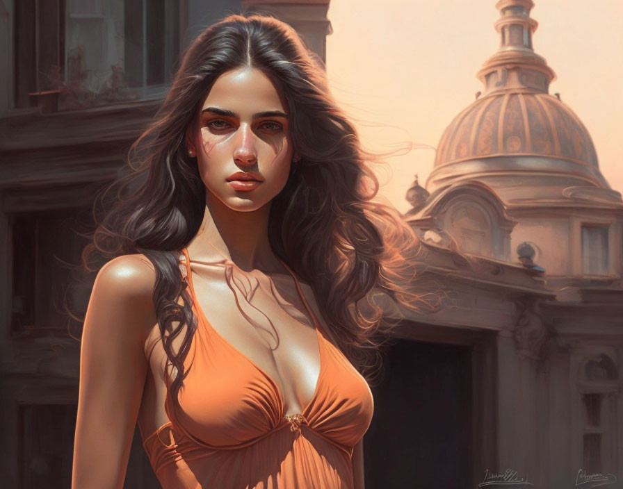 Digital artwork of woman with flowing hair in orange dress and classical architecture.