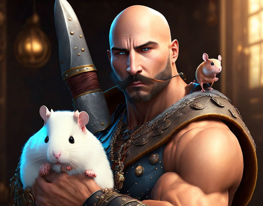 Bald, muscular warrior with rats on hand and shoulder against dark backdrop