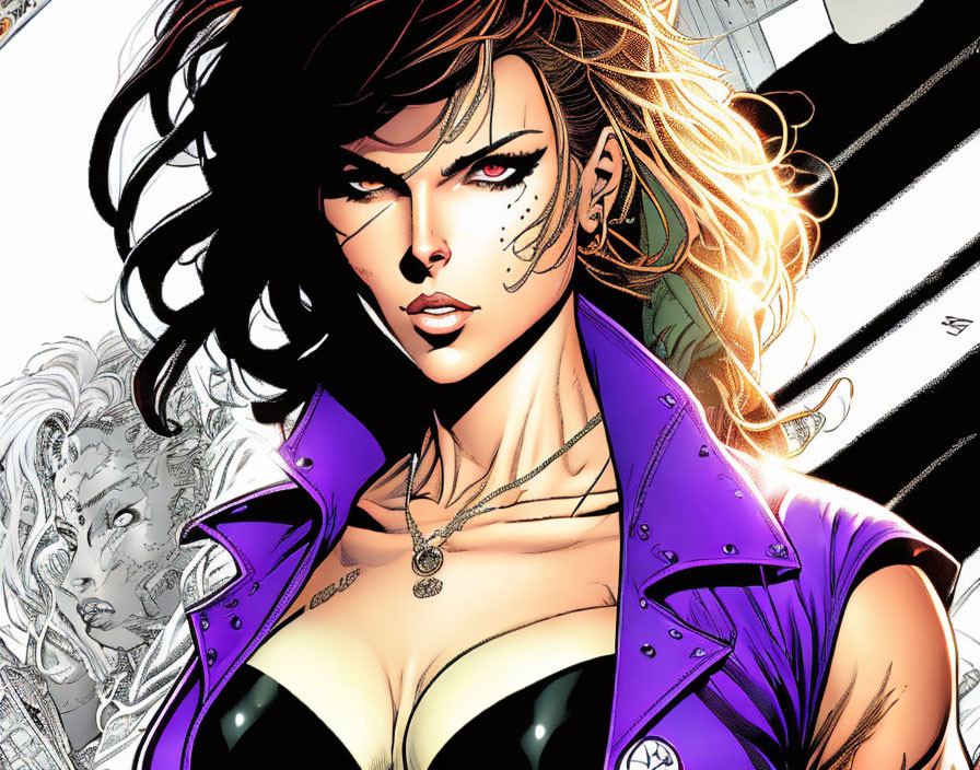 Illustration of female character with brown hair, black bustier, purple jacket, and intense gaze.