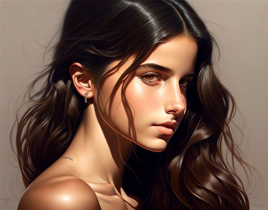 Digital artwork: Young woman with wavy brown hair and deep brown eyes.