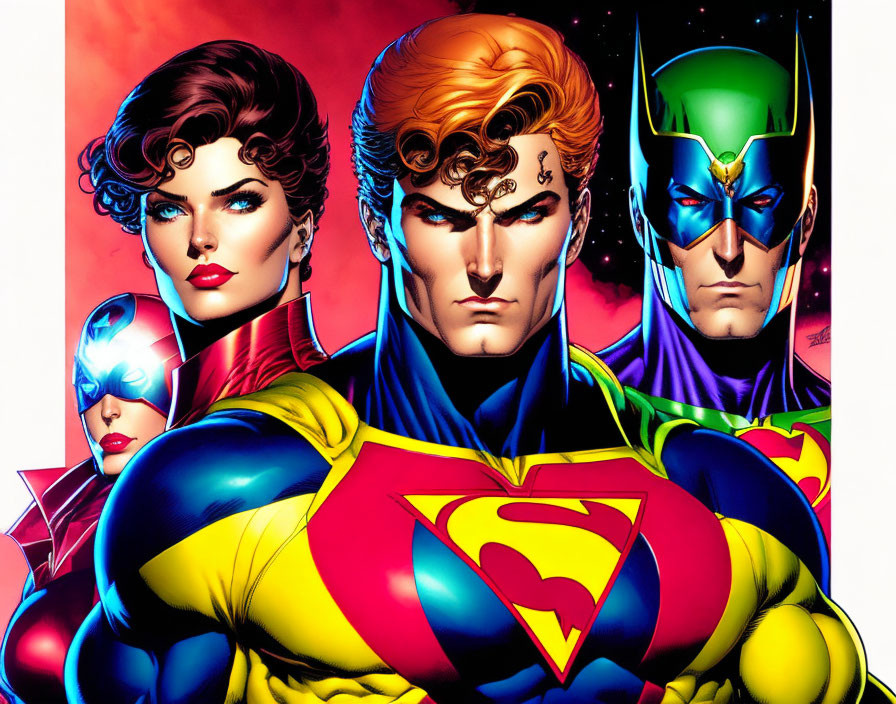 Vibrant illustration of four iconic superheroes with capes and logos