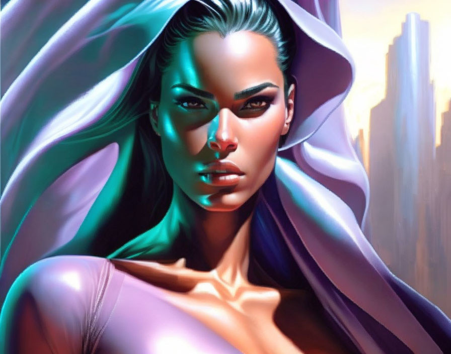 Stylized illustration of woman in purple cloak with cityscape background