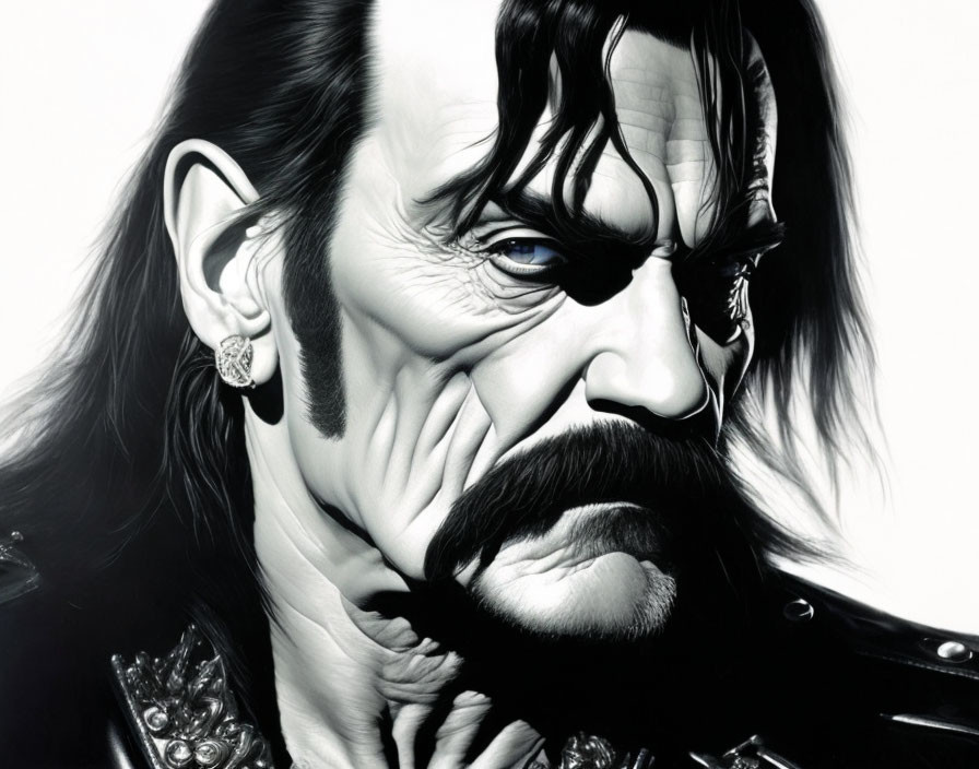 Monochrome artwork of stern man with handlebar mustache and leather attire