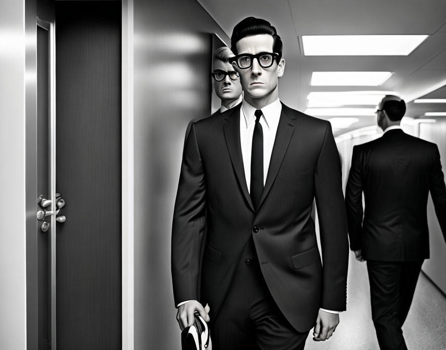 Illustration of man in suit with helmet in office corridor