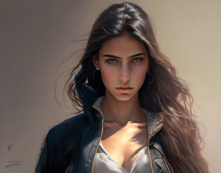 Striking digital portrait of a woman with dark hair and denim jacket